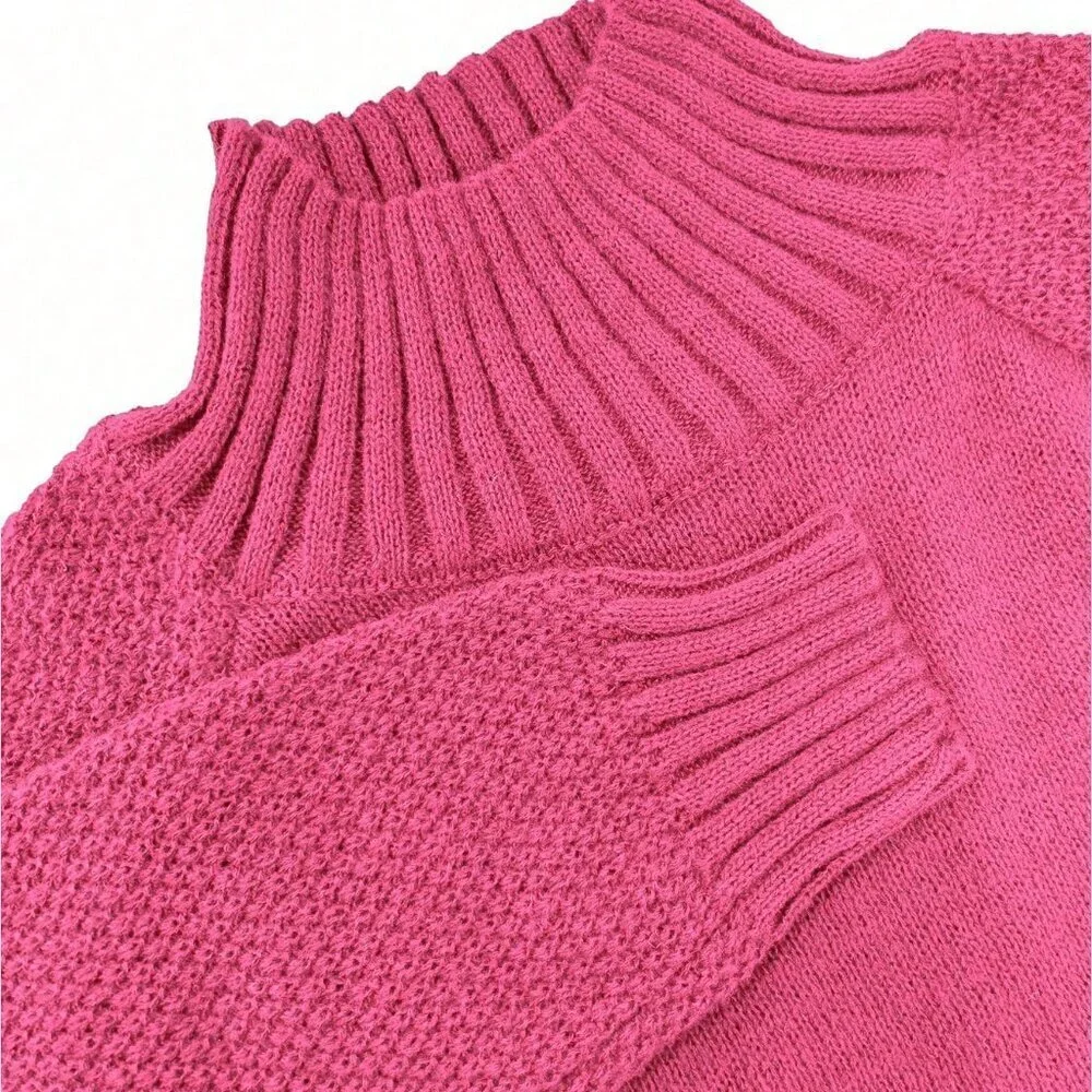 Hot Pink Casual Women's Stand Collar Raglan Sleeve Knit Pullover Sweater